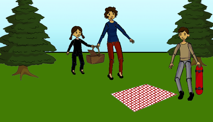 A cartoon scene showing a picnic in a wooded area.  A red and white chequered blanket is spread on the ground.  Behind it stand a girl and a woman holding a picnic basket.  To the side is a an holding a fire extinguisher.